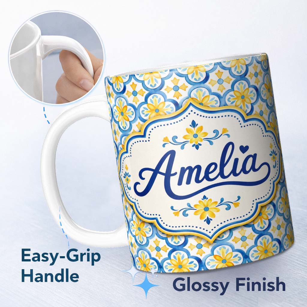 Personalized Custom Name Blue and Yellow Mediterranean Tile Pattern with Floral Motifs Lovely 11oz Ceramic Coffee Tea Mug White Large Handle