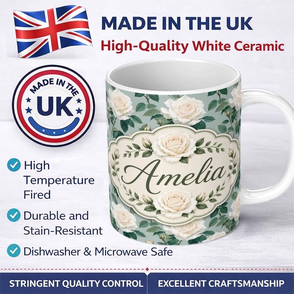 Personalized Custom Name White Roses with Green Leaves on Soft Blue Background Seamless 11oz Ceramic Coffee Tea Mug White Large Handle