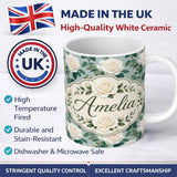 Personalized Custom Name White Roses with Green Leaves on Soft Blue Background Seamless 11oz Ceramic Coffee Tea Mug White Large Handle