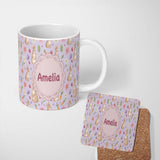 Personalized Custom Name Cute Easter Bunnies with Flowers Carrots Soft Lilac Background 11oz Ceramic Coffee Tea Mug White Large Handle