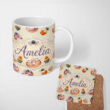 Personalized Custom Name Halloween Donuts Cupcakes and Spiders Seamless on Light Beige Lovely 11oz Ceramic Coffee Tea Mug White Large Handle