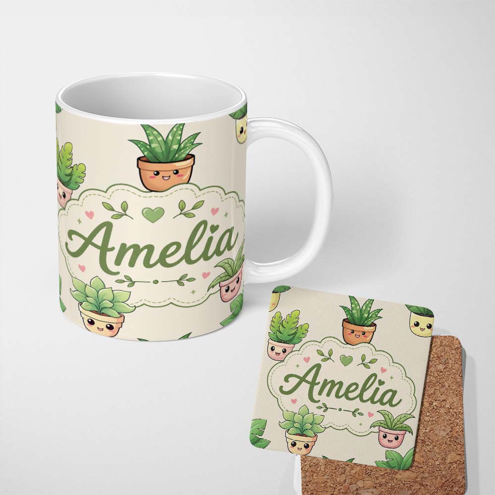 Personalized Custom Name Cute Kawaii Smiling Plant Pots Leaves Seamless Pattern Cream Lovely 11oz Ceramic Coffee Tea Mug White Large Handle