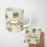 Personalized Custom Name Cute Kawaii Smiling Plant Pots Leaves Seamless Pattern Cream Lovely 11oz Ceramic Coffee Tea Mug White Large Handle