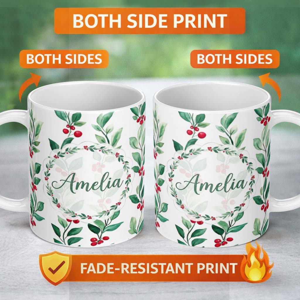 Personalized Custom Name Watercolor Green Leaves and Red Berry Branches Pattern Elegant 11oz Ceramic Coffee Tea Mug White Large Handle