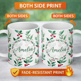 Personalized Custom Name Watercolor Green Leaves and Red Berry Branches Pattern Elegant 11oz Ceramic Coffee Tea Mug White Large Handle