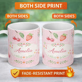 Personalized Custom Name Strawberry Cherry Bow Seamless Pattern Pink Frame Cute Coquette 11oz Ceramic Coffee Tea Mug White Large Handle
