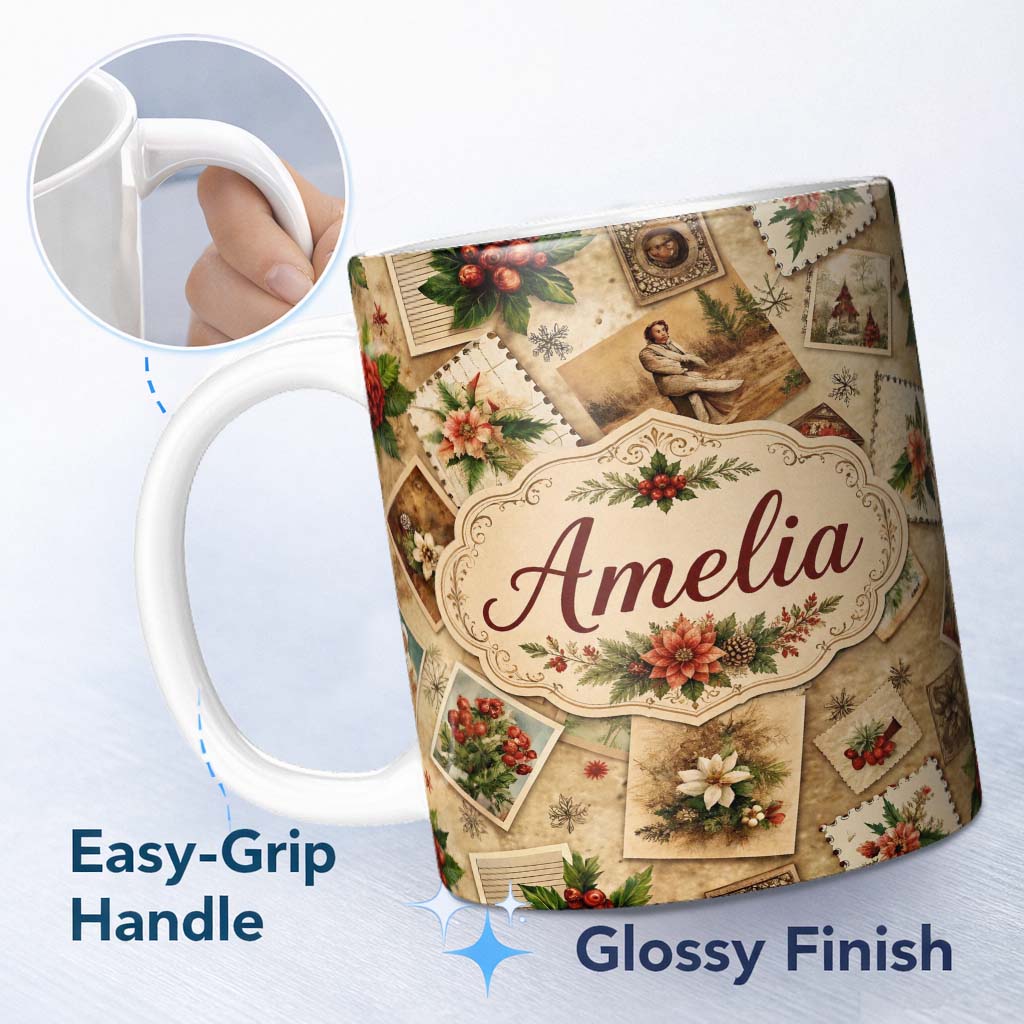 Personalized Custom Name Vintage Christmas Postcards Floral Letters Collage Seamless Pattern 11oz Ceramic Coffee Tea Mug White Large Handle