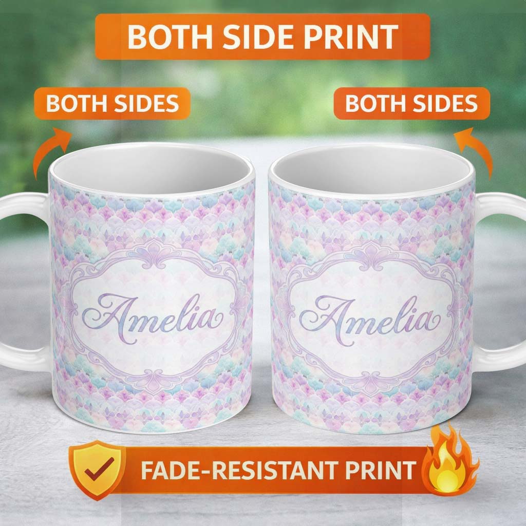 Personalized Custom Name Pastel Art Deco Floral Motif Soft Gradient Seamless Pattern Lovely 11oz Ceramic Coffee Tea Mug White Large Handle