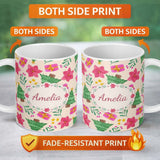Personalized Custom Name Watercolor Poinsettia Gift Christmas Tree Seamless Pattern Lovely 11oz Ceramic Coffee Tea Mug White Large Handle