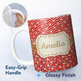 Personalized Custom Name Red Gold Chevron Leopard Glitter Christmas Seamless Pattern Lovely 11oz Ceramic Coffee Tea Mug White Large Handle