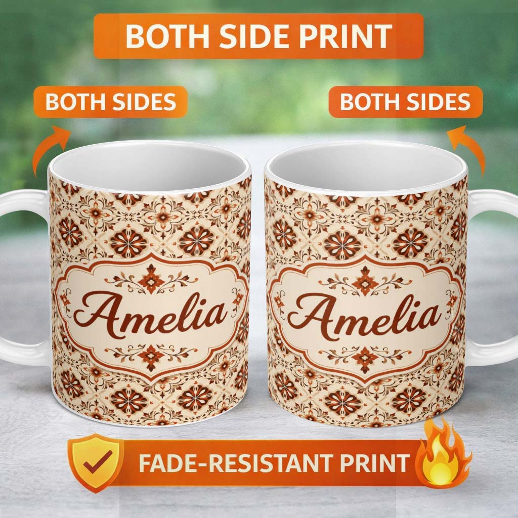 Personalized Custom Name Rustic Geometric Floral Tile Brown Cream Vintage Seamless Pattern 11oz Ceramic Coffee Tea Mug White Large Handle