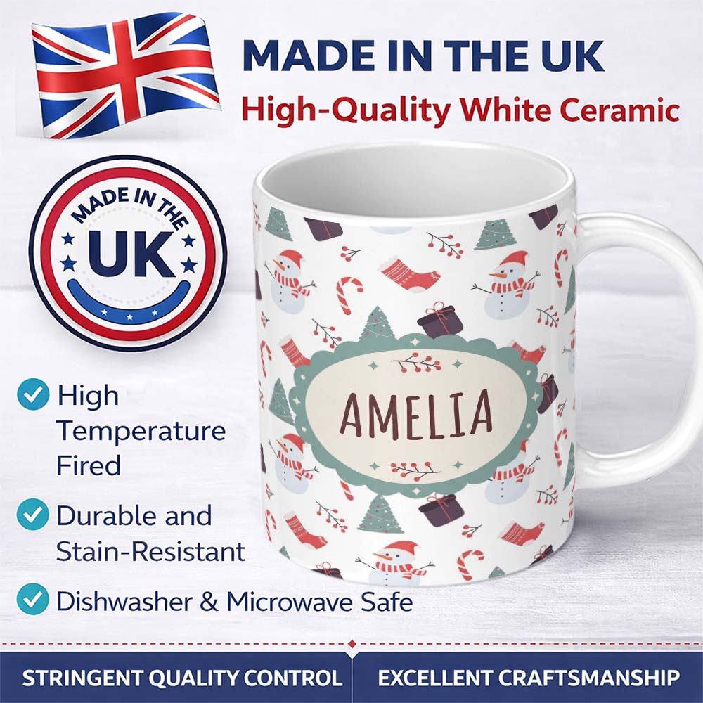 Personalized Custom Name Cute Snowman Candy Cane Gifts and Christmas Tree Minimal Seamless 11oz Ceramic Coffee Tea Mug White Large Handle