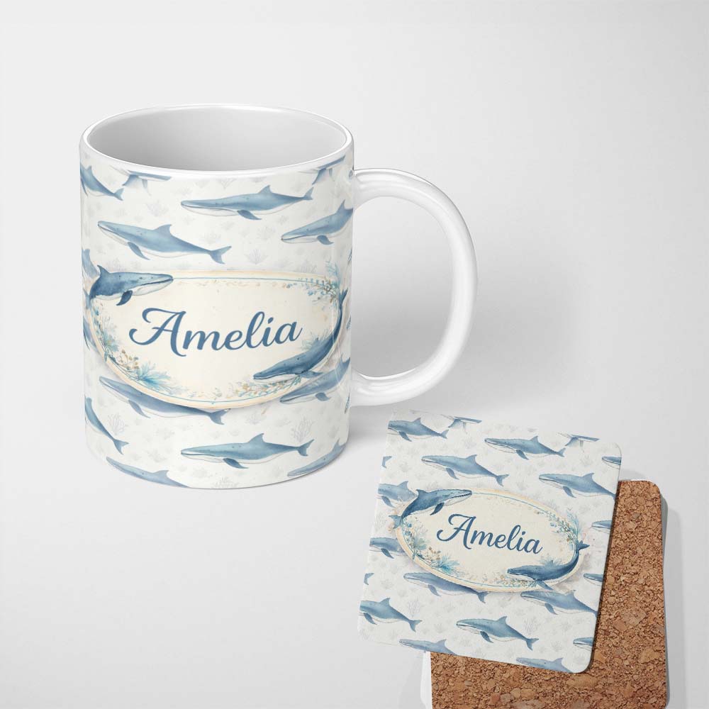 Personalized Custom Name Watercolor Blue Beluga Whale Seamless Pattern Marine Ocean Design 11oz Ceramic Coffee Tea Mug White Large Handle