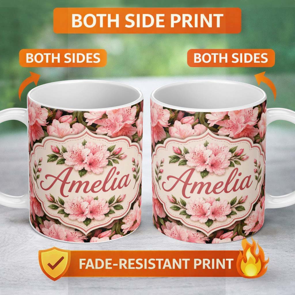 Personalized Custom Name Blush Pink Azalea Bloom Cluster Seamless Pattern Cute Unique Gift 11oz Ceramic Coffee Tea Mug White Large Handle