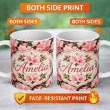 Personalized Custom Name Blush Pink Azalea Bloom Cluster Seamless Pattern Cute Unique Gift 11oz Ceramic Coffee Tea Mug White Large Handle