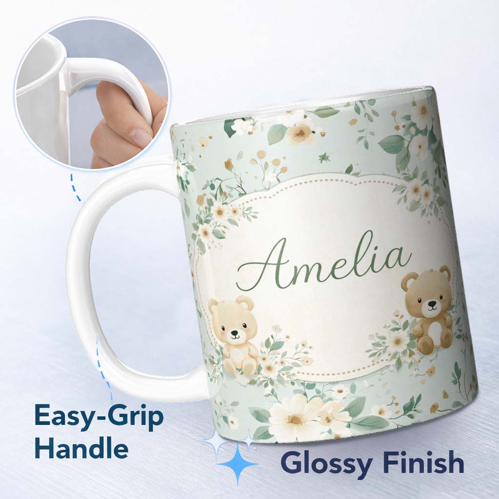 Personalized Custom Name Teddy Bear Floral Nursery Pattern Blue Background Seamless Lovely 11oz Ceramic Coffee Tea Mug White Large Handle