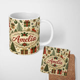 Personalized Custom Name Christmas Tree Gift Stocking Ornament Holiday Seamless Pattern 11oz Ceramic Coffee Tea Mug White Large Handle