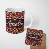 Personalized Custom Name Red Black Grey Pixelated Abstract Mosaic Seamless Pattern Lovely 11oz Ceramic Coffee Tea Mug White Large Handle