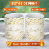 Personalized Custom Name Gold Christmas Tree Pattern White Background Seamless Lovely 11oz Ceramic Coffee Tea Mug White Large Handle