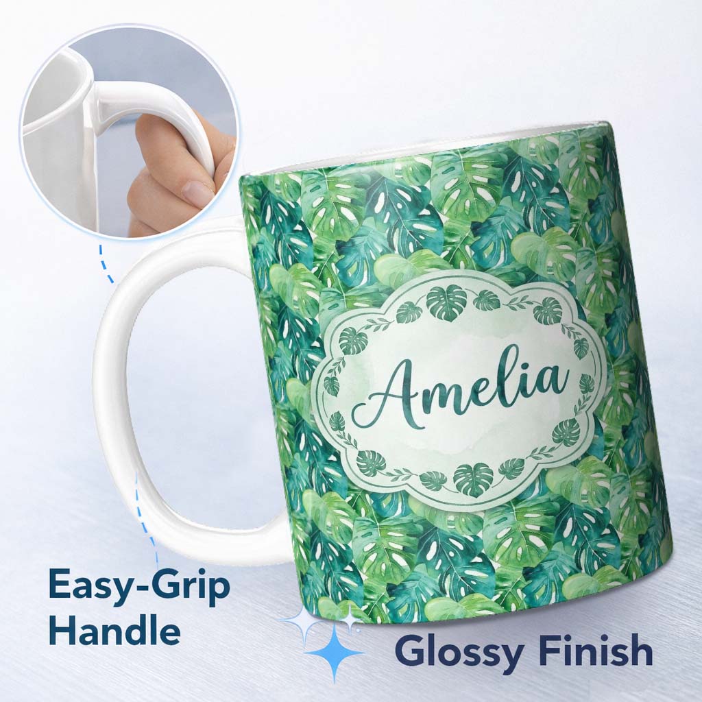 Personalized Custom Name Rich Green Monstera Jungle Leaves Dense Seamless Pattern Lovely 11oz Ceramic Coffee Tea Mug White Large Handle