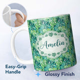 Personalized Custom Name Rich Green Monstera Jungle Leaves Dense Seamless Pattern Lovely 11oz Ceramic Coffee Tea Mug White Large Handle