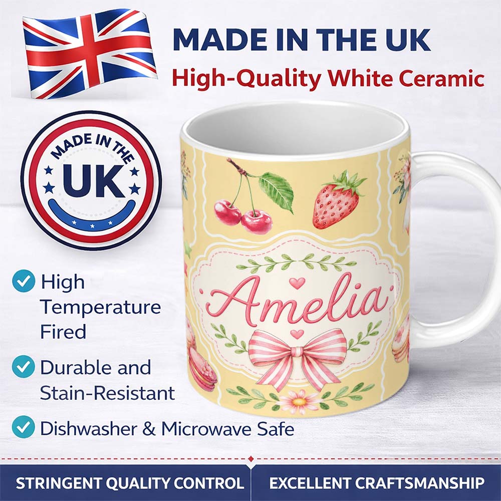 Personalized Custom Name Cute Strawberry Cherry Ribbon Bow Sweet Dessert Pattern Yellow 11oz Ceramic Coffee Tea Mug White Large Handle