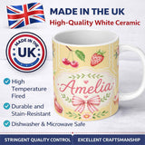 Personalized Custom Name Cute Strawberry Cherry Ribbon Bow Sweet Dessert Pattern Yellow 11oz Ceramic Coffee Tea Mug White Large Handle