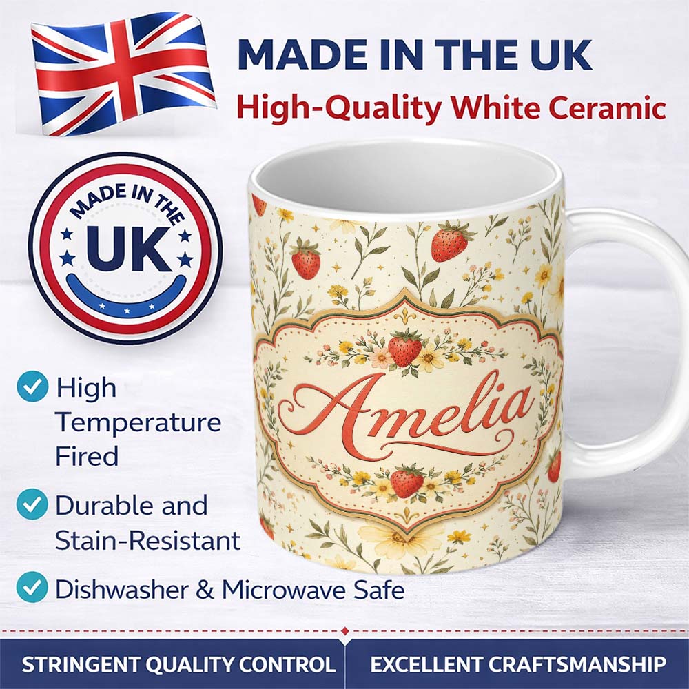Personalized Custom Name Delicate Strawberry and Wildflower Botanical Seamless Pattern Lovely 11oz Ceramic Coffee Tea Mug White Large Handle