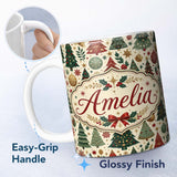 Personalized Custom Name Vintage Christmas Trees Ornaments Stars Seamless Pattern Festive 11oz Ceramic Coffee Tea Mug White Large Handle