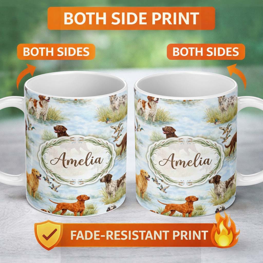 Personalized Custom Name Watercolor Hunting Dogs Ducks Lake Nature Seamless Pattern Lovely 11oz Ceramic Coffee Tea Mug White Large Handle