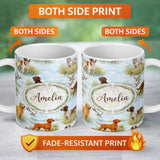 Personalized Custom Name Watercolor Hunting Dogs Ducks Lake Nature Seamless Pattern Lovely 11oz Ceramic Coffee Tea Mug White Large Handle