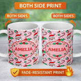 Personalized Custom Name Cute Santa Face Candy Cane Holly Berry Seamless Pattern Lovely 11oz Ceramic Coffee Tea Mug White Large Handle