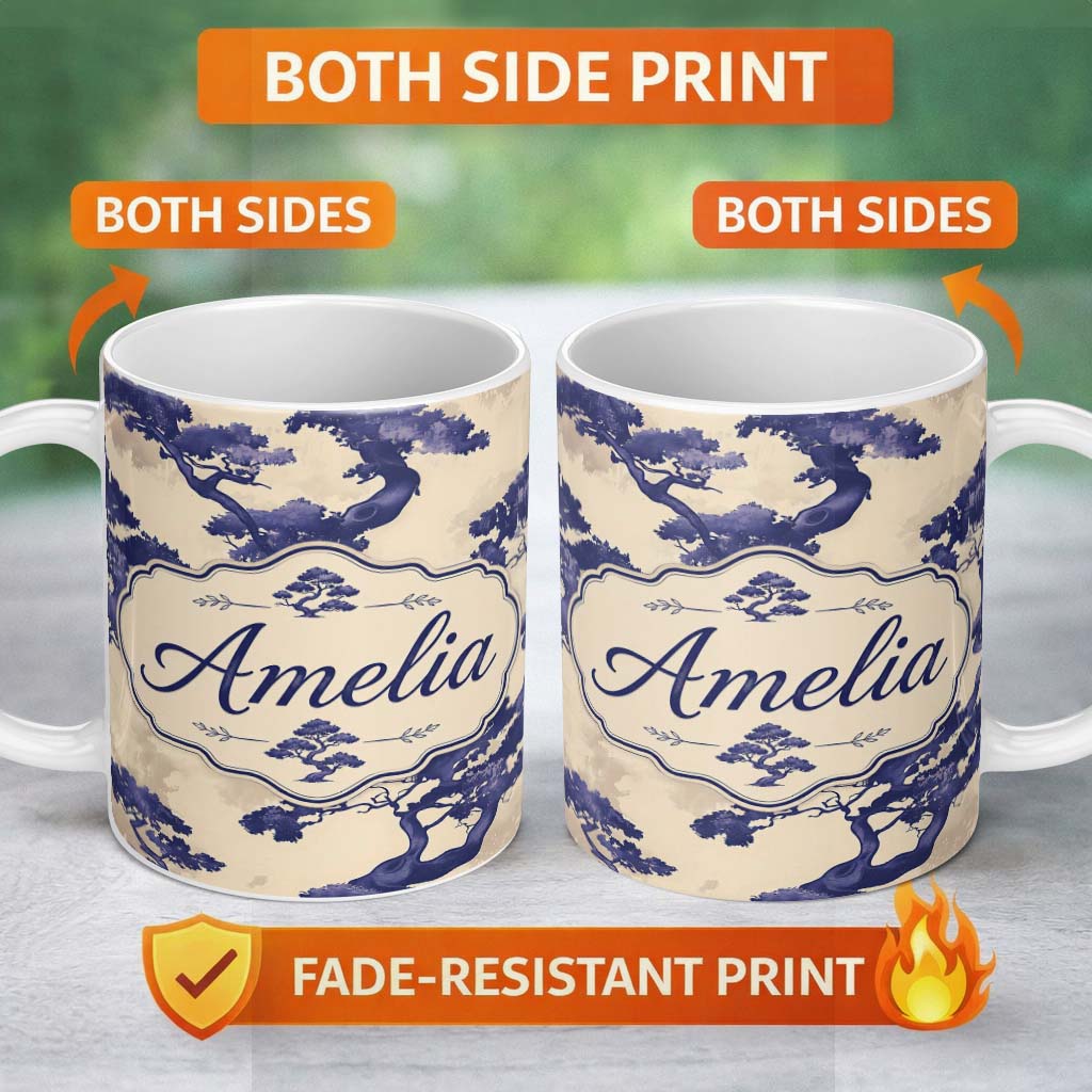 Personalized Custom Name Artistic Blue Bonsai Trees on Textured Beige Background Pattern 11oz Ceramic Coffee Tea Mug White Large Handle