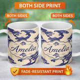 Personalized Custom Name Artistic Blue Bonsai Trees on Textured Beige Background Pattern 11oz Ceramic Coffee Tea Mug White Large Handle