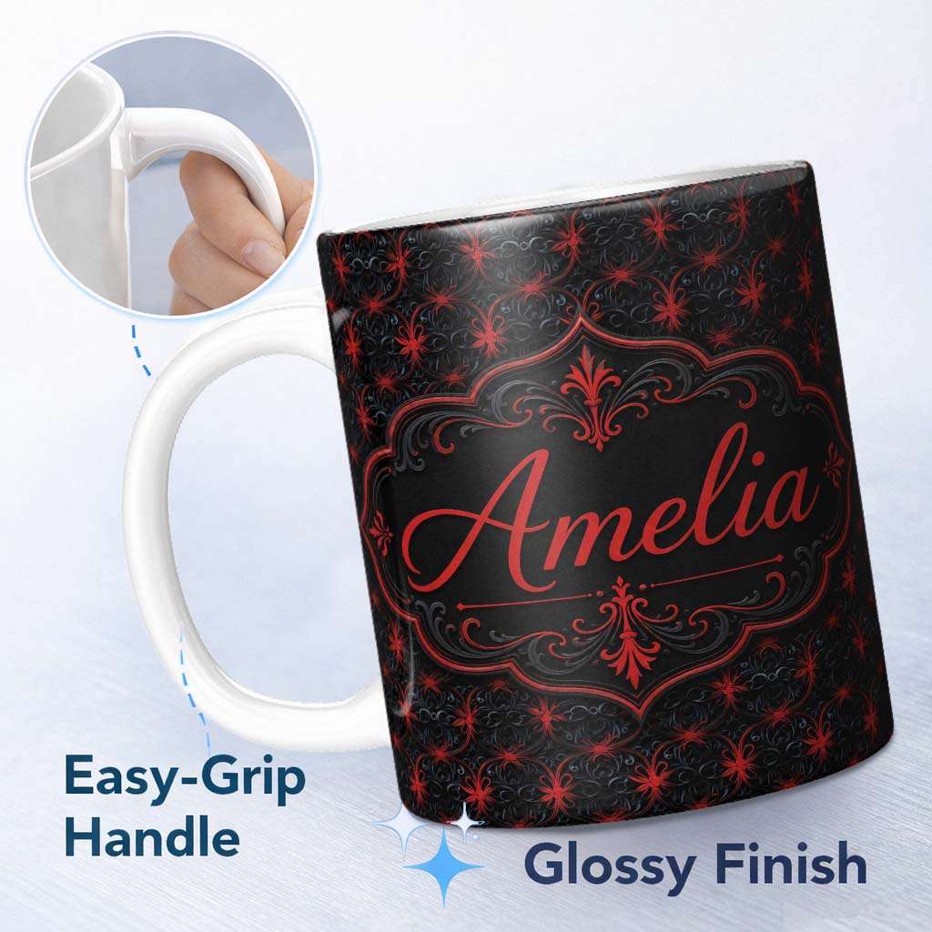 Personalized Custom Name Dark Red Gothic Floral Damask Seamless Pattern Stylish Everyday Mug 11oz Ceramic Coffee Tea Mug White Large Handle