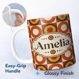Personalized Custom Name Bold Orange Yellow Circle Check Seamless Pattern Cute Unique Gift 11oz Ceramic Coffee Tea Mug White Large Handle