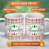 Personalized Custom Name Classic Red Green Watercolor Plaid Tartan Seamless Pattern Lovely 11oz Ceramic Coffee Tea Mug White Large Handle