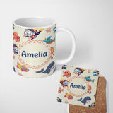 Personalized Custom Name Elegant White Daisy Flowers on Sky Blue Background Seamless Pattern 11oz Ceramic Coffee Tea Mug White Large Handle