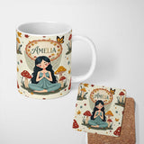 Personalized Custom Name Cute Fairy with Mushrooms Butterflies Autumn Leaves Seamless Pattern 11oz Ceramic Coffee Tea Mug White Large Handle