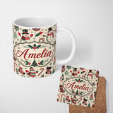 Personalized Custom Name Cute Snowman Candy Cane Trees Seamless Pattern Festive Holiday 11oz Ceramic Coffee Tea Mug White Large Handle