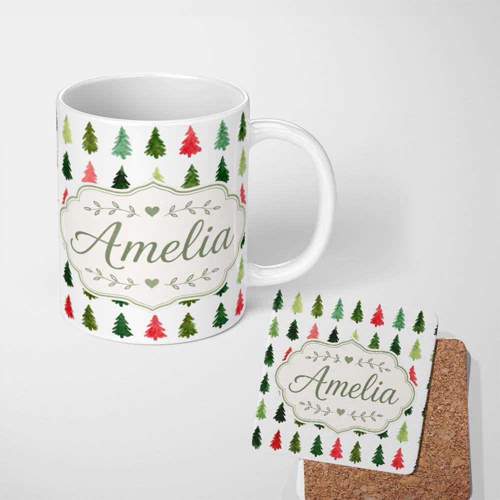 Personalized Custom Name Watercolor Christmas Tree Pattern in Red and Green Festive Seamless 11oz Ceramic Coffee Tea Mug White Large Handle