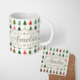 Personalized Custom Name Watercolor Christmas Tree Pattern in Red and Green Festive Seamless 11oz Ceramic Coffee Tea Mug White Large Handle