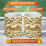 Personalized Custom Name Retro Camera and Film Device Seamless Pattern with Classic Lovely 11oz Ceramic Coffee Tea Mug White Large Handle