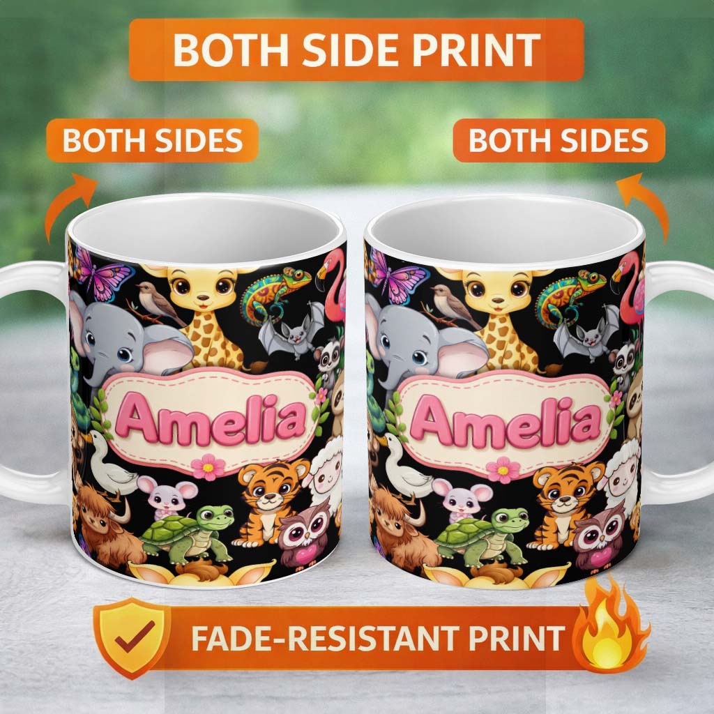 Personalized Custom Name Cute Cartoon Jungle Safari Animals Seamless Pattern on Black Lovely 11oz Ceramic Coffee Tea Mug White Large Handle