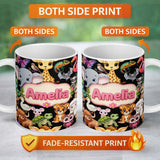 Personalized Custom Name Cute Cartoon Jungle Safari Animals Seamless Pattern on Black Lovely 11oz Ceramic Coffee Tea Mug White Large Handle