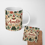 Personalized Custom Name Decorative Christmas Tree Ornament Star Holiday Seamless Pattern 11oz Ceramic Coffee Tea Mug White Large Handle