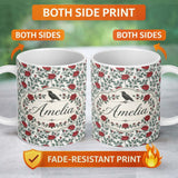 Personalized Custom Name Classic Red Rose Botanical Seamless Pattern on Light Background 11oz Ceramic Coffee Tea Mug White Large Handle