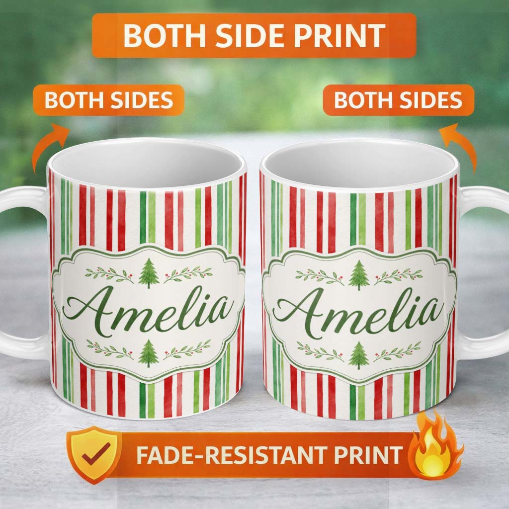 Personalized Custom Name Watercolor Vertical Red and Green Stripe Pattern Classic Lovely 11oz Ceramic Coffee Tea Mug White Large Handle
