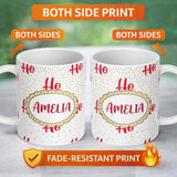 Personalized Custom Name Festive Ho Ho Ho Red Typography Gold Polka Dot Seamless Pattern 11oz Ceramic Coffee Tea Mug White Large Handle