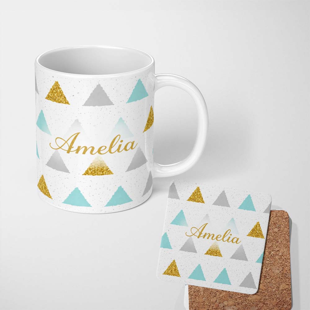 Personalized Custom Name Glitter Triangle Geometric Pattern Grey Background Seamless Lovely 11oz Ceramic Coffee Tea Mug White Large Handle